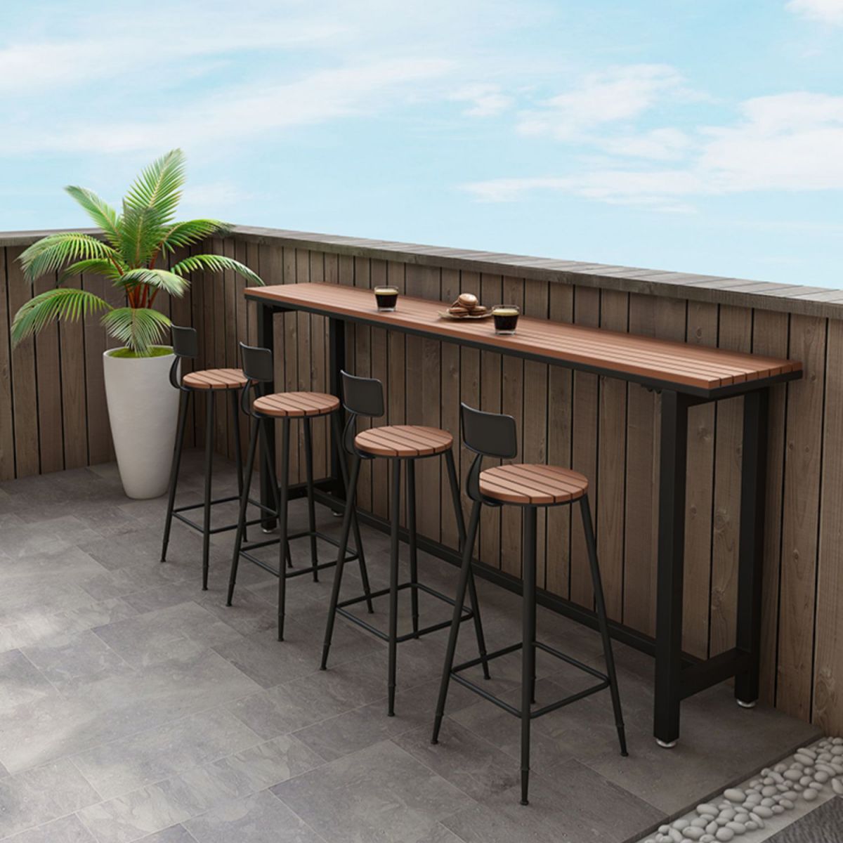 Wood Bar Dining Table Modern Rectangle Bar Table with Trestle Pedestal for Balcony