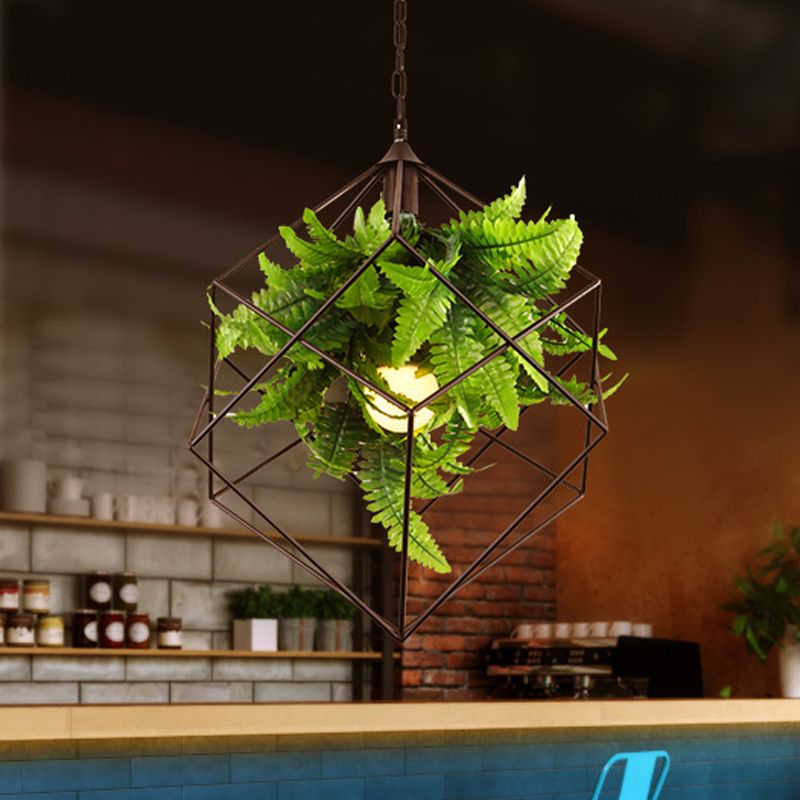 16.5"/19.5" W 1 Head Metal Pendant Lamp Antique Black Geometric Restaurant LED Down Lighting with Plant