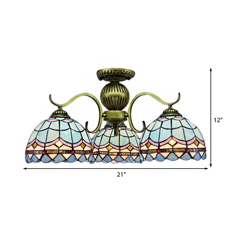 3-Light Bowl Suspension Lamp Retro Style Stained Glass Chandelier Hanging Light Fixture in Blue