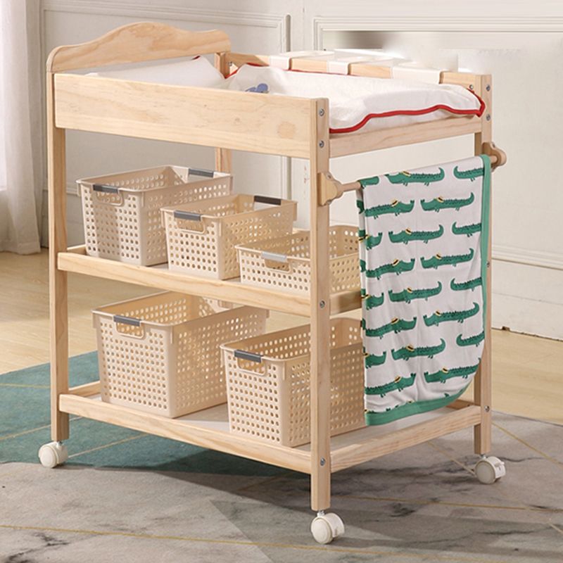 2 Storage Shelves Baby Changing Table Flat Top in Solid Wood with Wheel