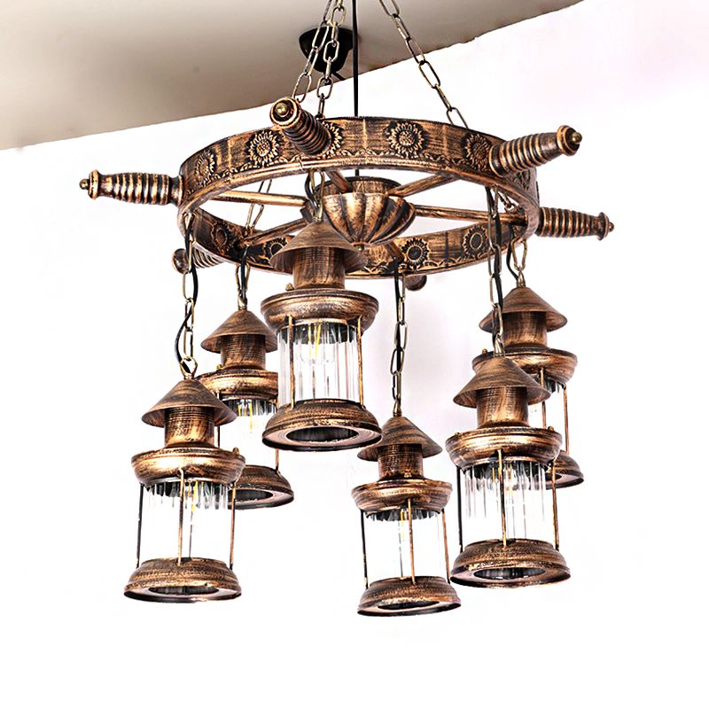 6-Light Clear Glass Hanging Chandelier Industrial Antique Brass Wagon Wheel Dining Room Pendant Light Fixture