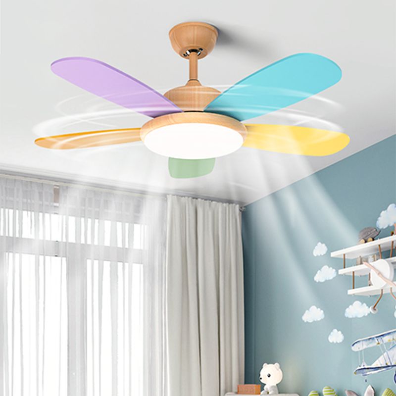 5-Blade Round Pendant Fan Light Macaron Wooden Semi Flush Mounted Lamp for Bedroom