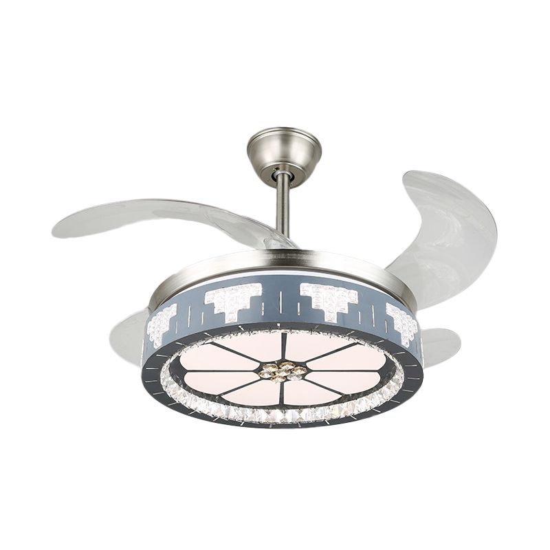 4-Blade Faceted Crystal Round Pendant Fan Light Modernity LED Silver Semi Mount Lighting, 19" Wide