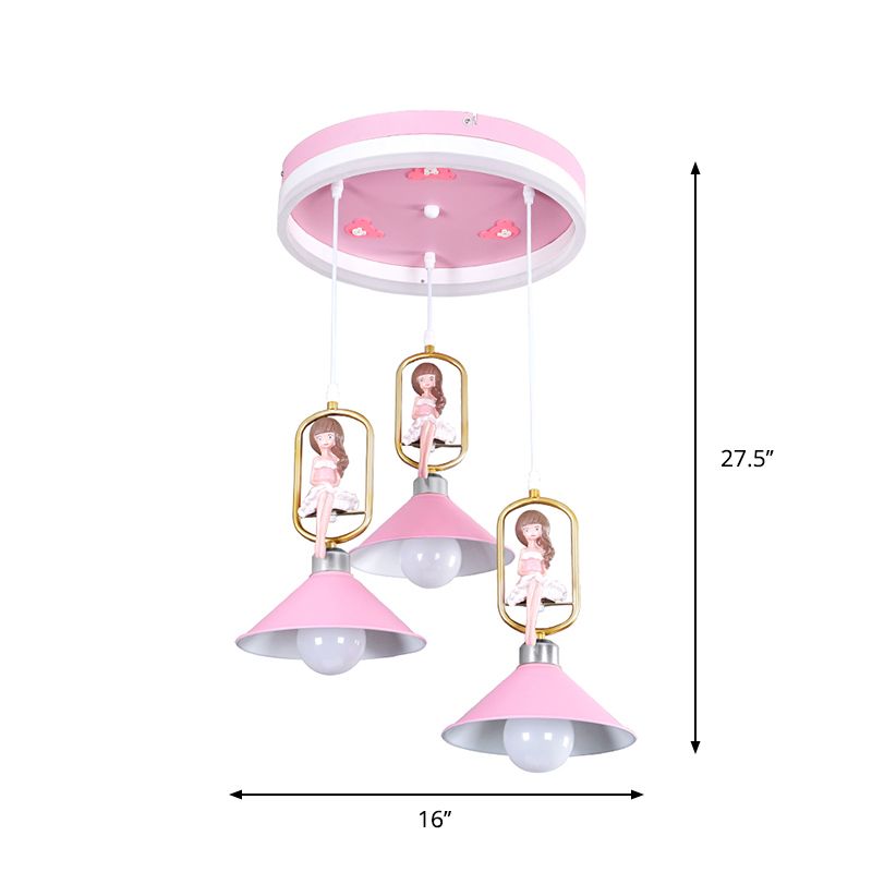 Metallic Bell Pendant Light Kit Cartoon 3 Bulb Hanging Lamp with Girl Decor in Pink