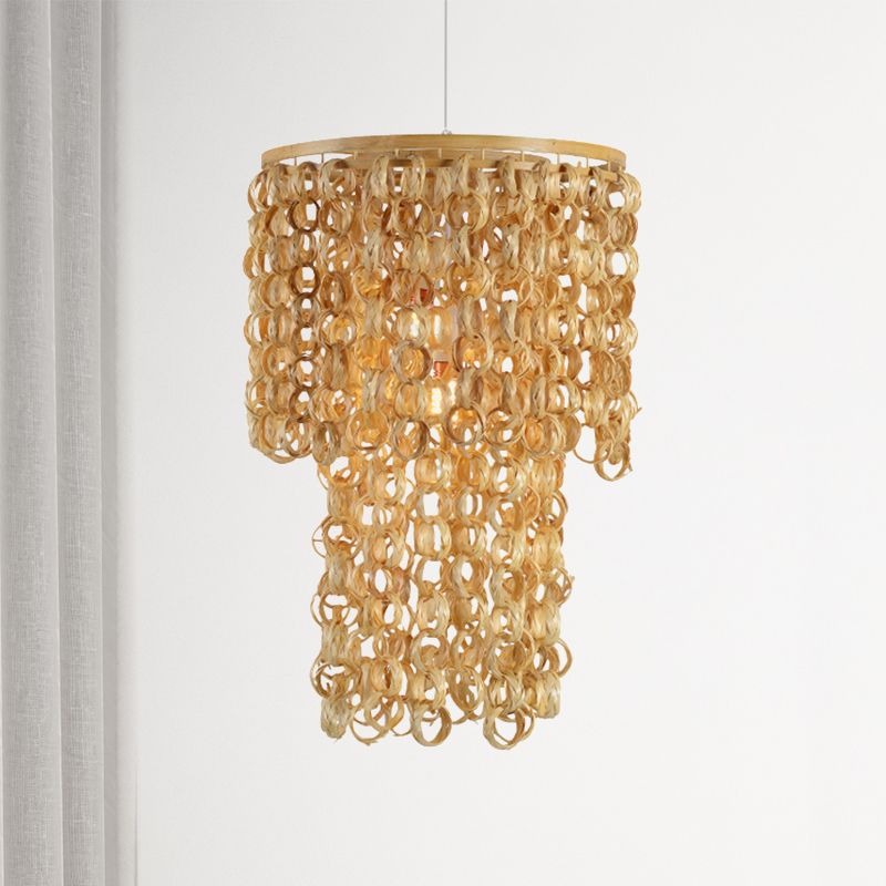 16"/19.5" Wide Tassel Bamboo Drop Pendant Chinese Single Light Beige Hanging Lamp for Dinging Room Restaurant