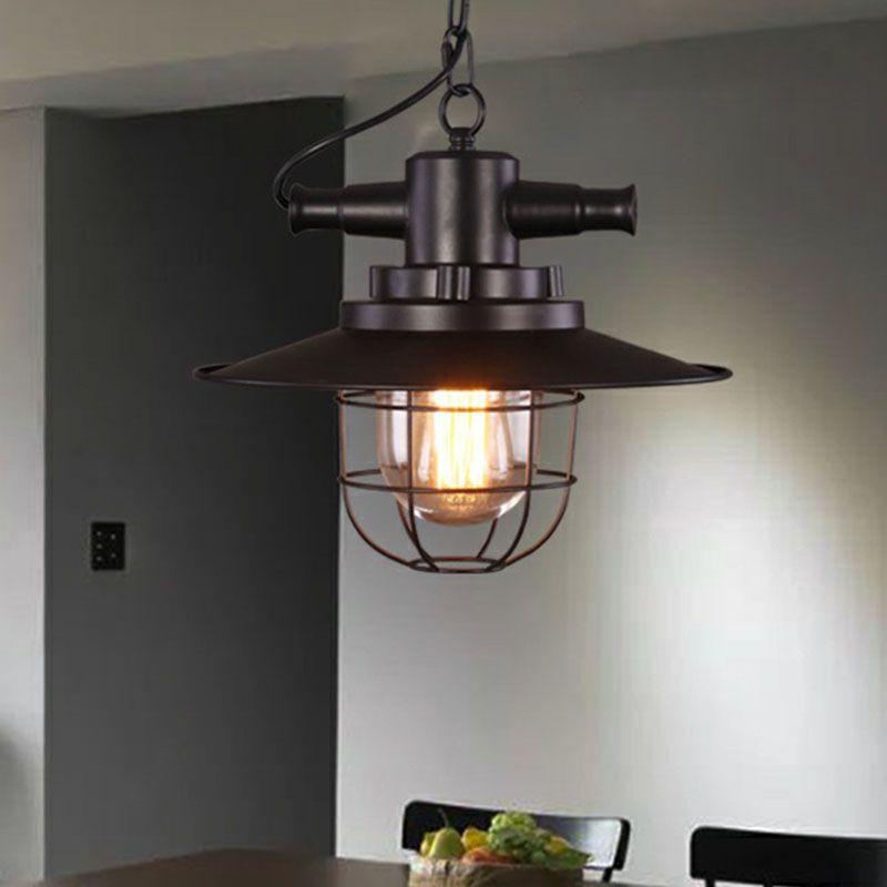 Pot Lid Iron Pendant Light Antique 1-Light Restaurant Hanging Light Fixture in Black