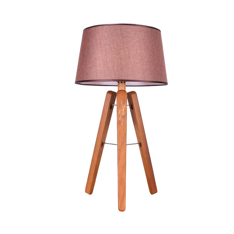 Fabric Tapered Desk Light Modernist 1 Bulb Night Table Lamp in Brown/Beige with Wood Tripod