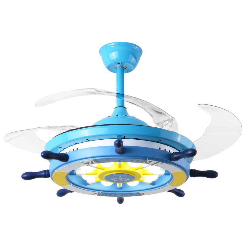 Blue Rudder Pendant Fan Light Fixture Children Style Metal LED Semi Flush Light