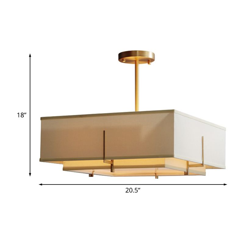 Beige 4 Glühbirnen Anhänger Kronleuchter Kolonialismus Stoff quadratische Leuchte für Wohnzimmer