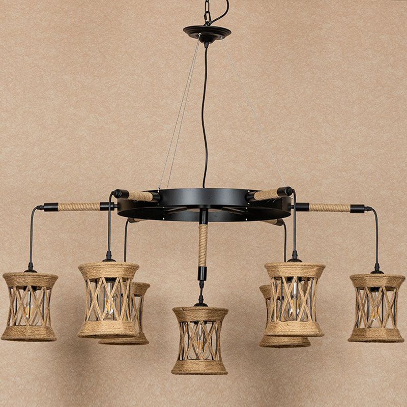 X-Woven Rope Cylinder Pendant Lamp Farmhouse 7-Light Dining Room Ceiling Chandelier with Wheel Design in Brown