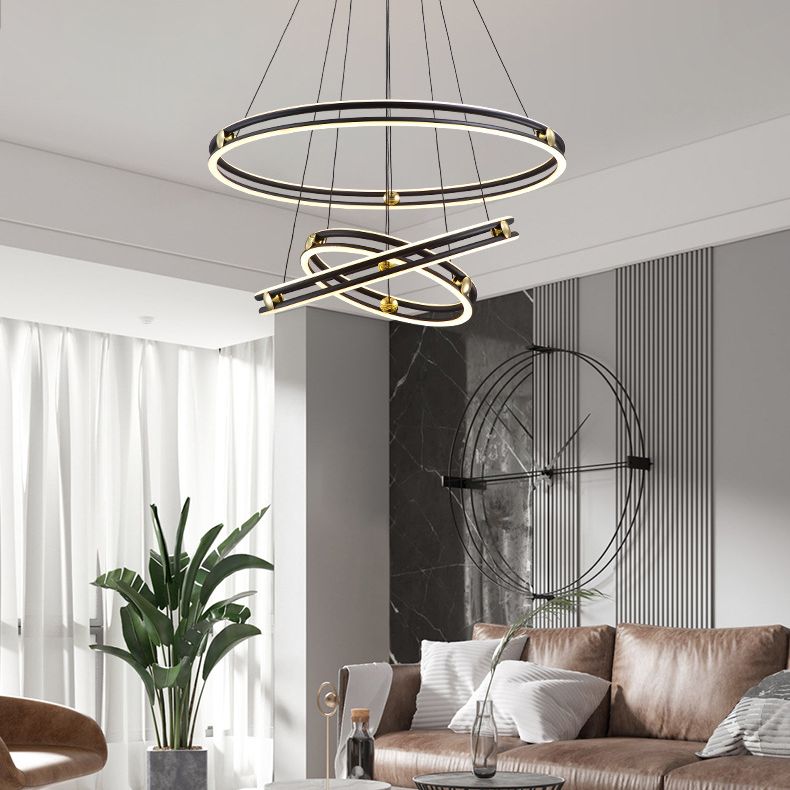 Hollow Ring Shape Hanging Chandelier Light Modern Multi Tiered Black Pendant Lamp with Frosted Silicone Shade