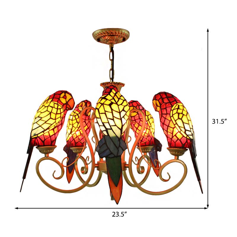 Chandeliers for Living Room, 5-Light Parrots Ceiling Light Fixture with Mosaic Shade Tiffany Style