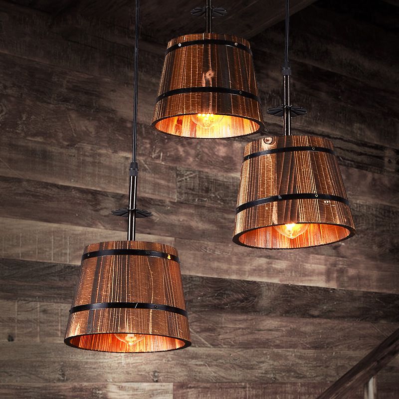 Distressed Wood Pail Pendant Light Fixture Vintage Wood Restaurant Hanging Light