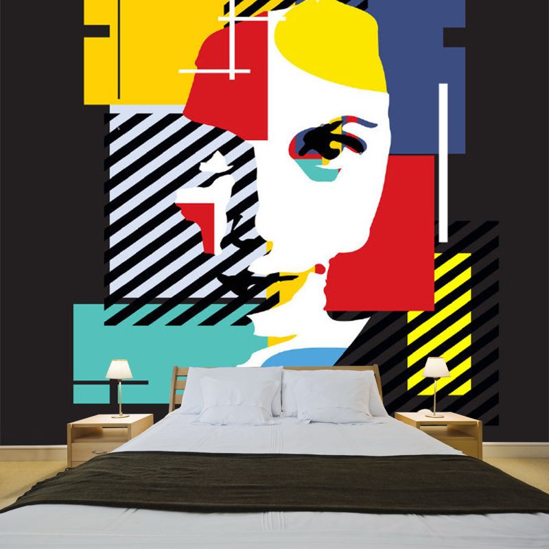 Woman Portrait Mural Wallpaper Red-Yellow-Blue Artistic Wall Covering for Bedroom