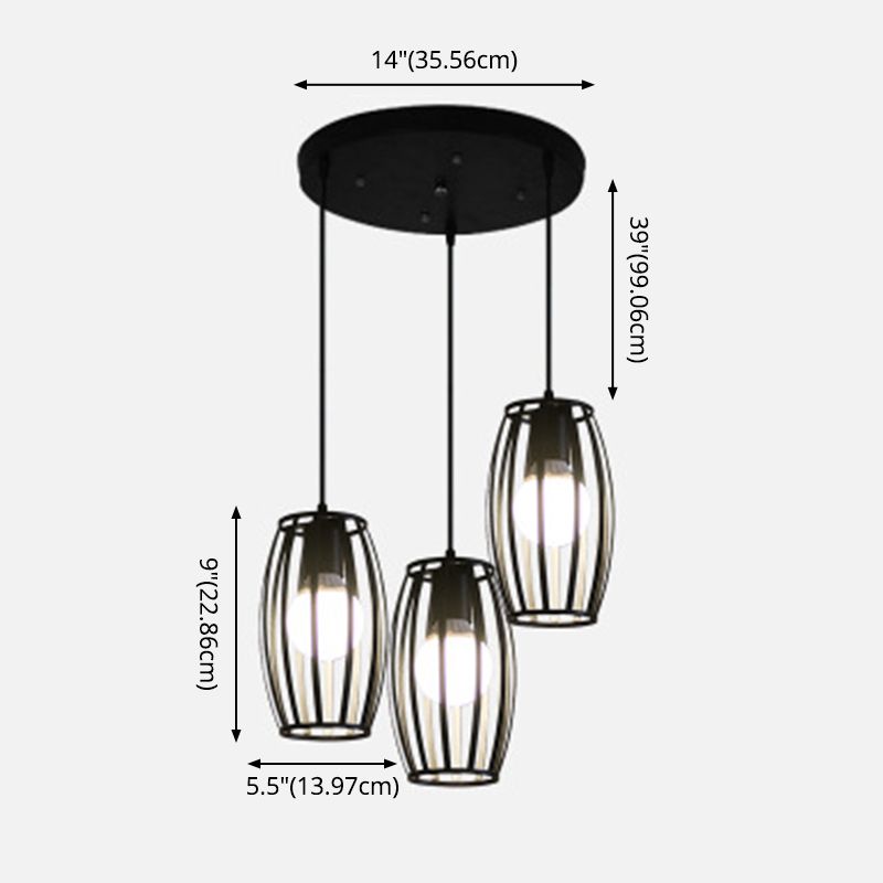 Black Barrel Shaped Hanging Lighting Industrial Bistro Cage Suspension Pendant Lamp