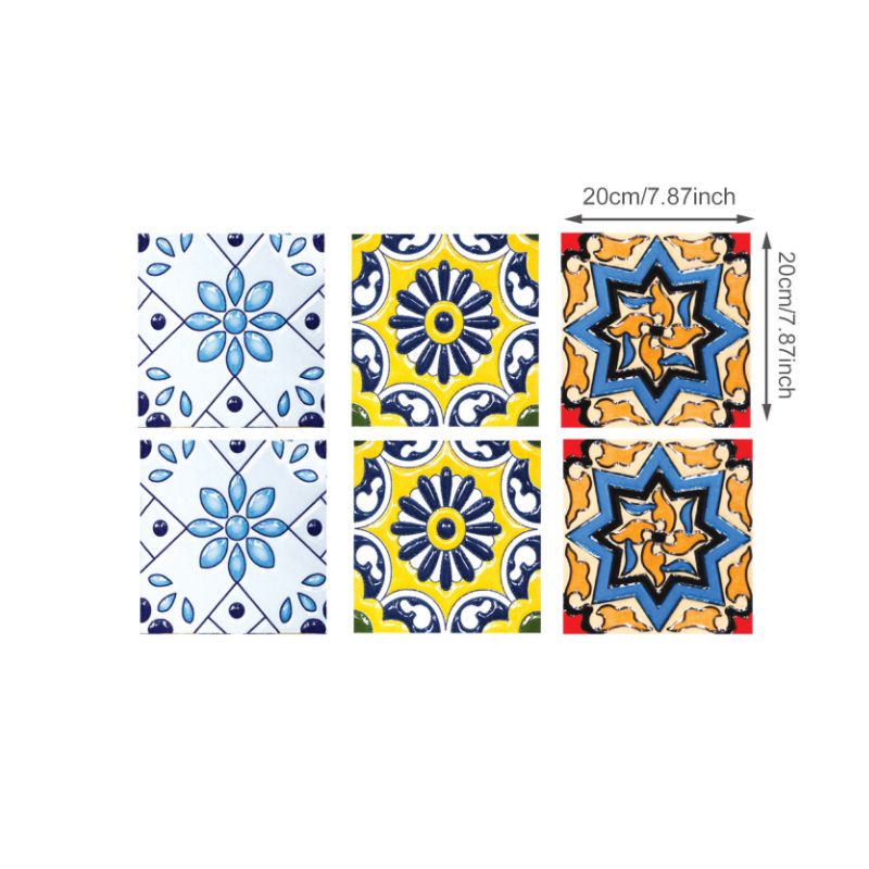 Adhesive Bohemian Floral Wallpapers Blue Mosaic Tiles Wall Covering for Accent Wall