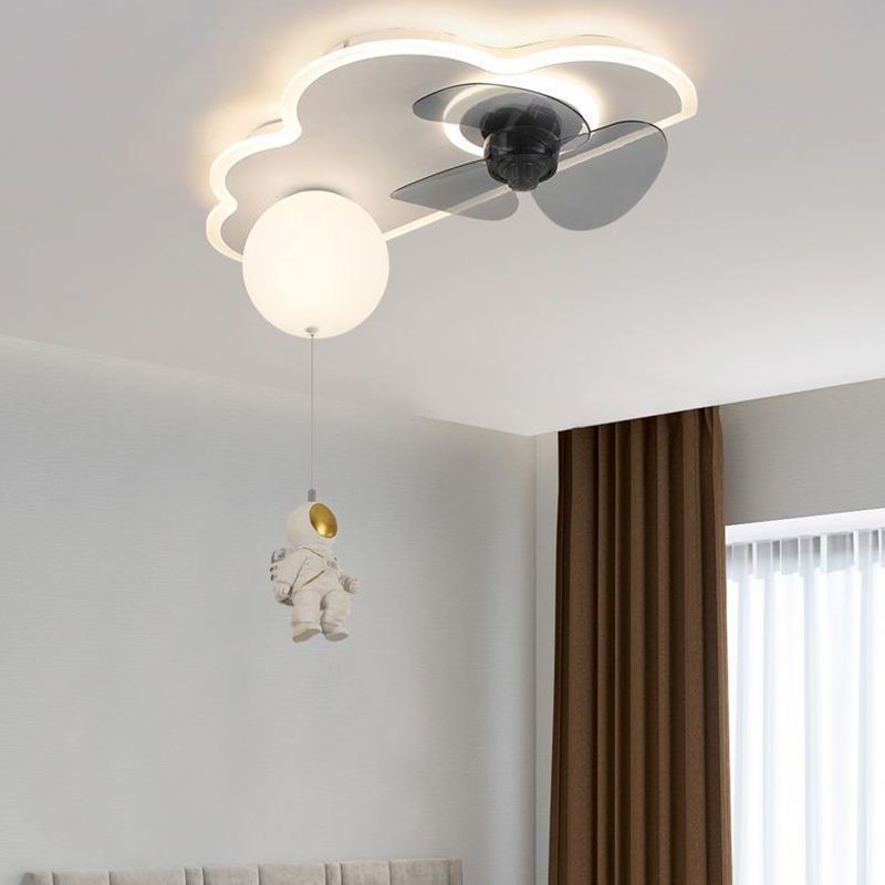 3-Blade LED Children Ceiling Fan Metallic White Globe Fan with Light for Home