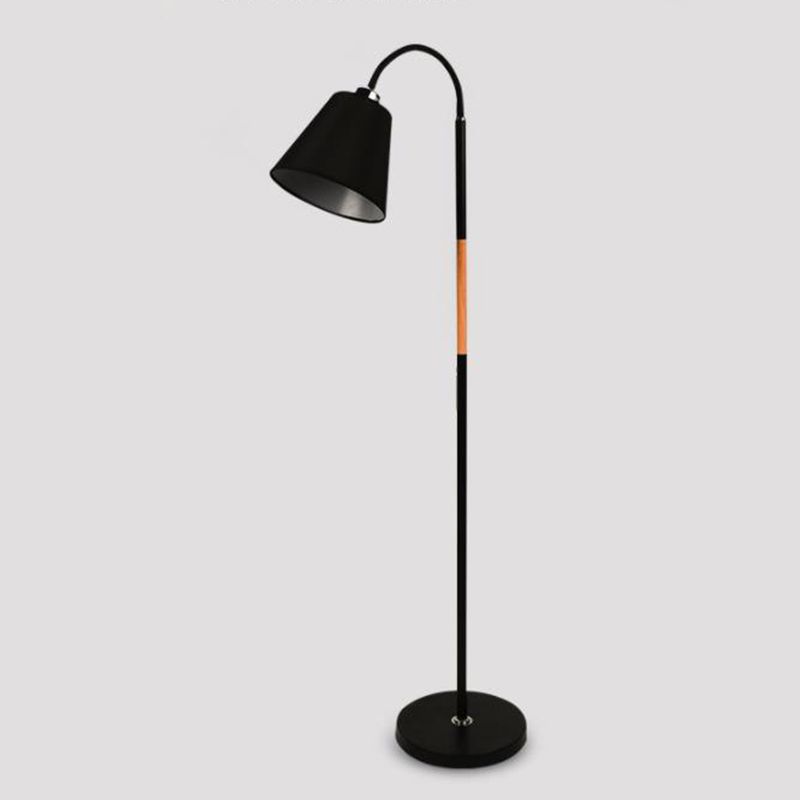 Nordic Single Floor Lamp Black/White and Wood Gooseneck Standing Light with Cone Fabric Shade