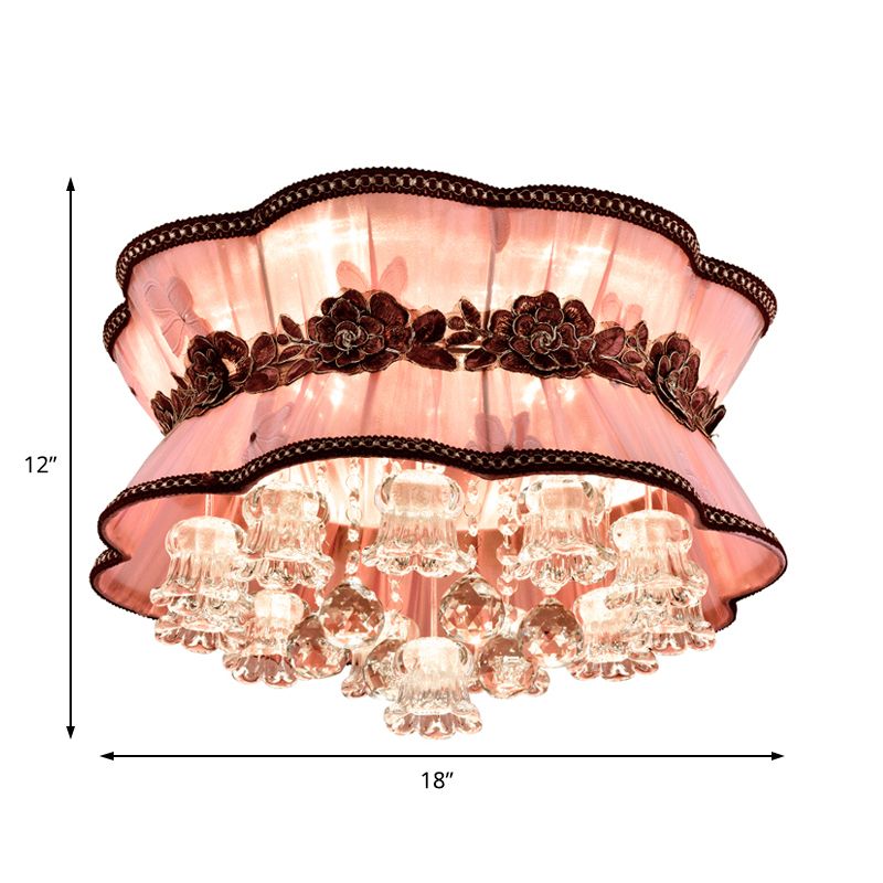 Pink Flower Flush Ceiling Light Modern Fabric LED Ceiling Mount Light with Crystal Deco for Hotel