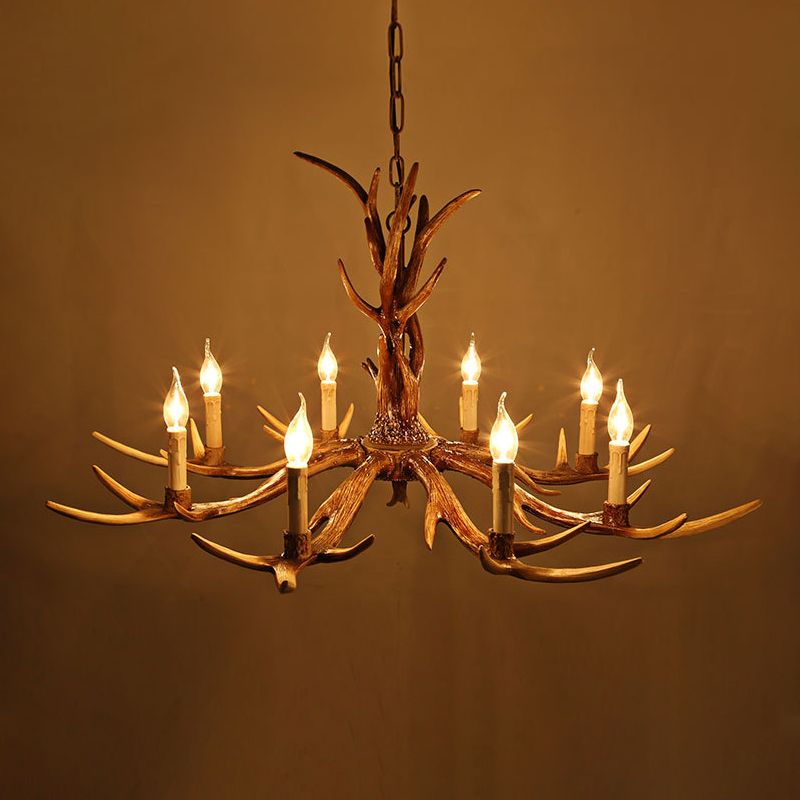 Brown 8-Head Antler Hanging Light Lodge Resin Bare Bulb Design Ceiling Chandelier