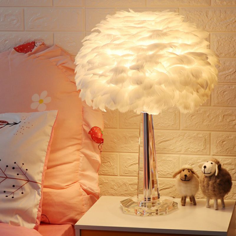 1-Light Bedside Night Lamp Nordic Table Light with Layered Feather Shade and Crystal Accent