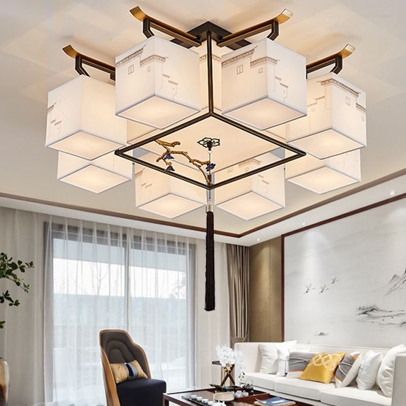 Wit Sputnik LED -plafondlicht in traditionele artistieke stijl Stoffen Indoor Semi Flush Mount met keramische bloemendecoratie