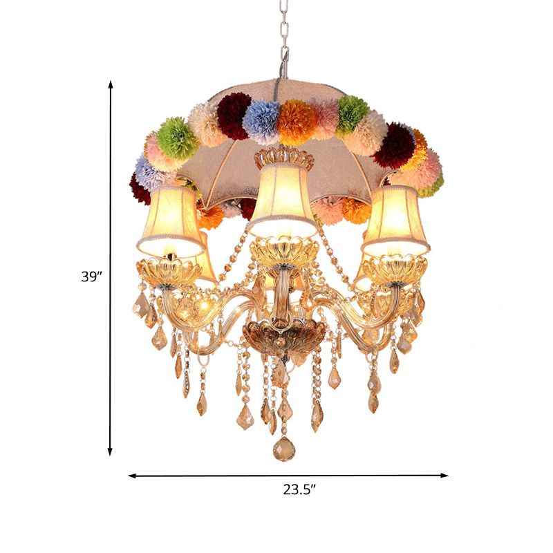 Retro Paneled Bell Suspension Lamp 6-Bulb Fabric Chandelier in Pink with with Crystal Accent and Floral Ball Ornament