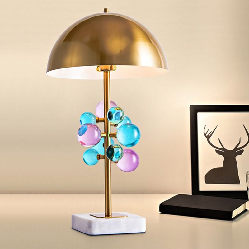 Metallic Dome Desk Light Modernist 1 Head Nightstand Lamp with Colorful Crystal Balls Deco in Gold