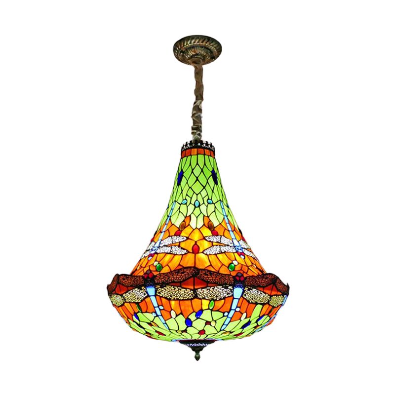 16"/19.5" Wide Dragonfly Chandelier Light Tiffany Stained Glass 5 Lights Blue/Green Pendant Lighting for Dining Room