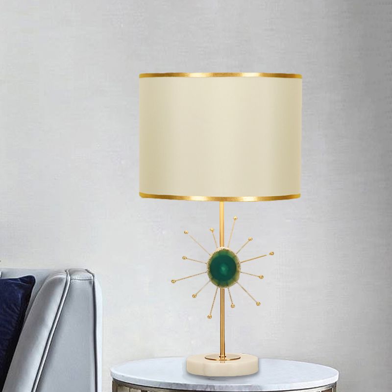 Fabric Drum Night Lighting Contemporary 1 Bulb White Table Light with Green/Red Agate Deco