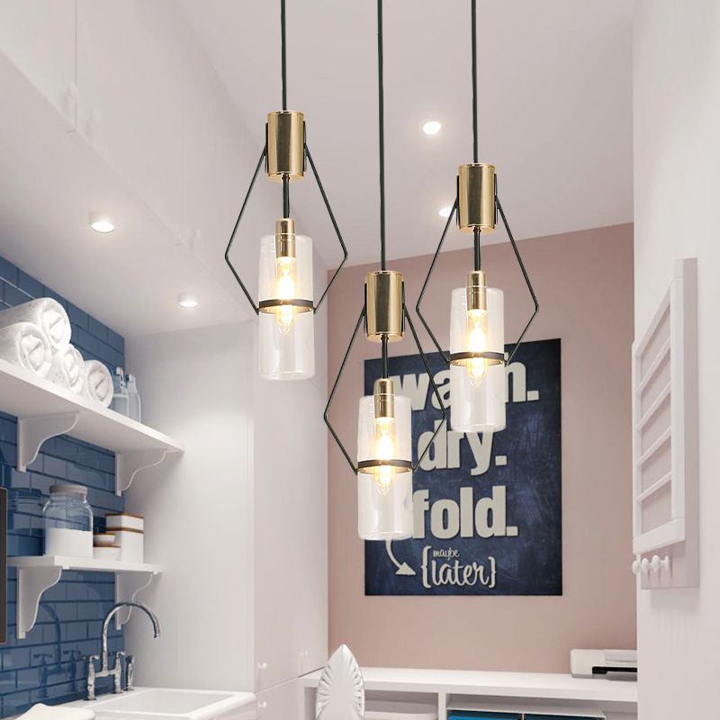 Gold 3-Light Multi Hanging Light Vintage Metal Diamond Frame Pendant Lamp with Tube Glass Shade and Round/Linear Canopy