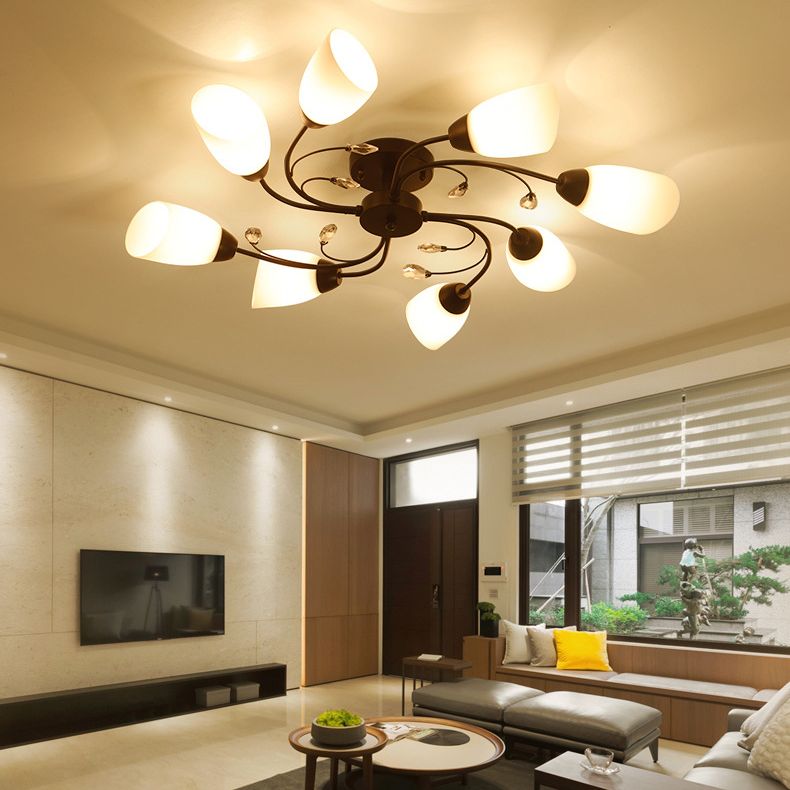 White Glass Shade Semi Flush Mount Lighting Modern Black Swirled Arm Ceiling Light for Living Room