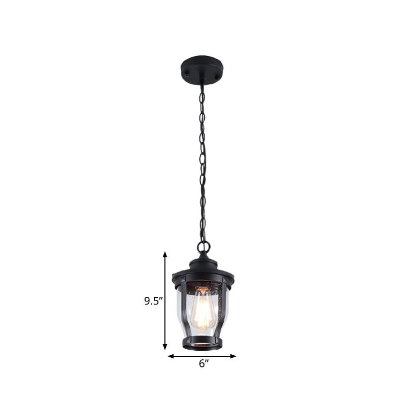 1 Glühbirnenlaternenform Pendellicht Leichtkit rustikalste strukturierte schwarze Finish Clear Glass Deckenlampe für Balkon