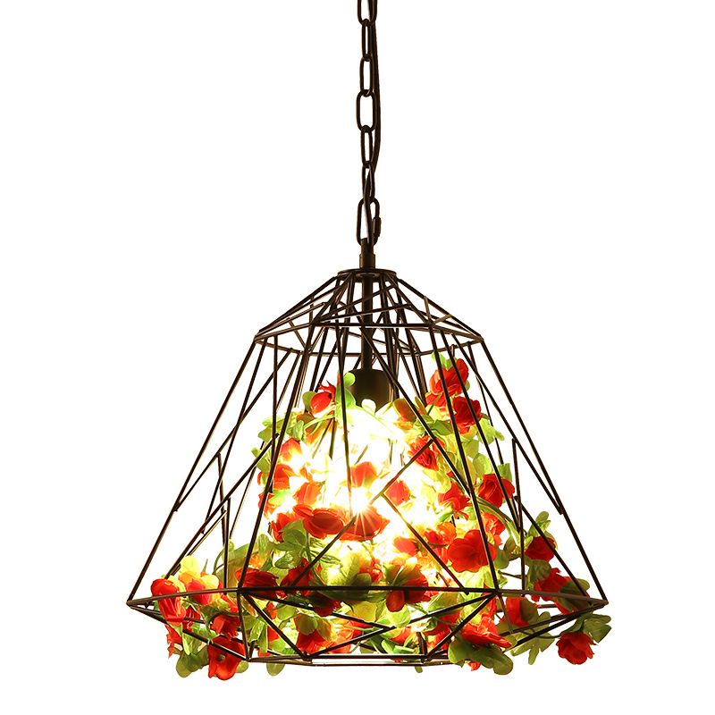 Farm Diamond Cage Ceiling Pendant 1 Bulb Iron Hanging Light Fixture in Black with Artificial Flower