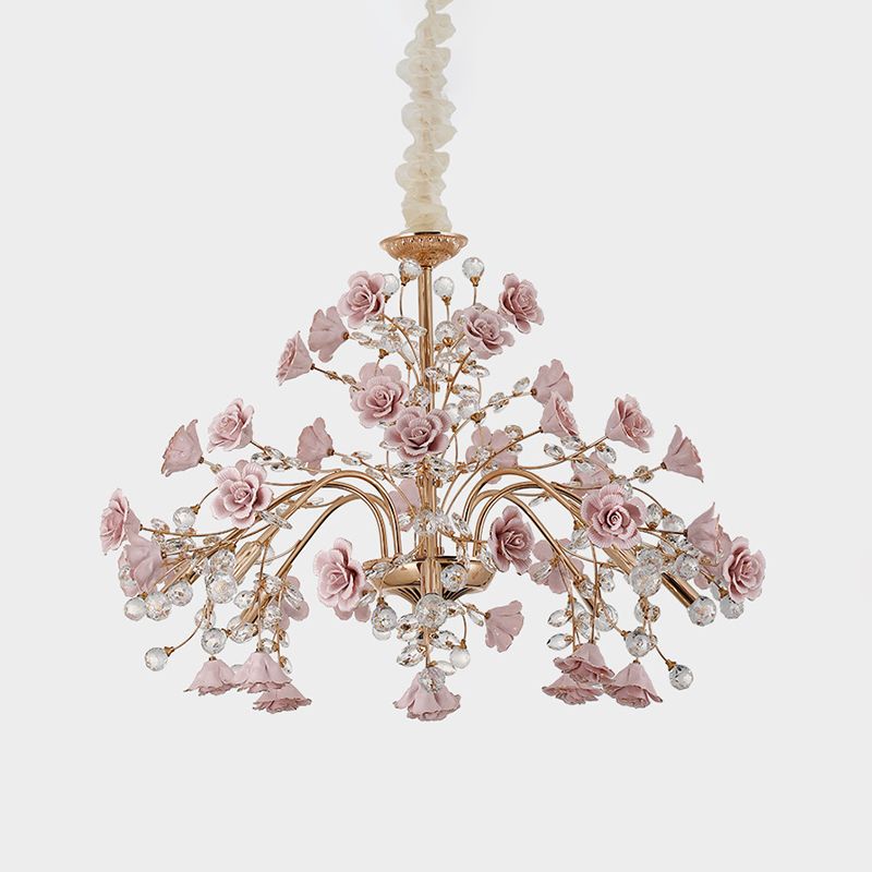 Luxury Crystal Chandelier Rural Ceramic Flower Living Room Hanging Light in Pink