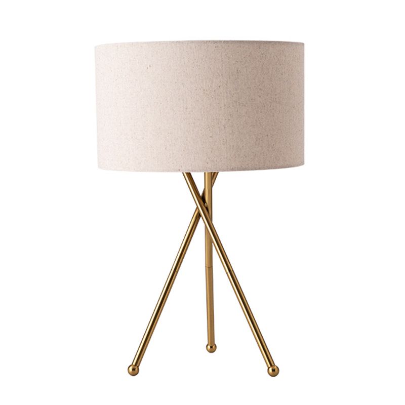 Fabric Drum Shaped Table Lamp Artistic 1 Bulb Nightstand Light with Metallic Tripod