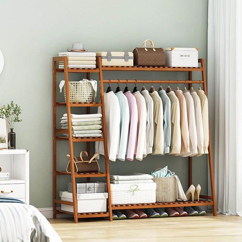 Modern Clothes Hanger Free Standing Wood Coat Rack with Storage Shelving