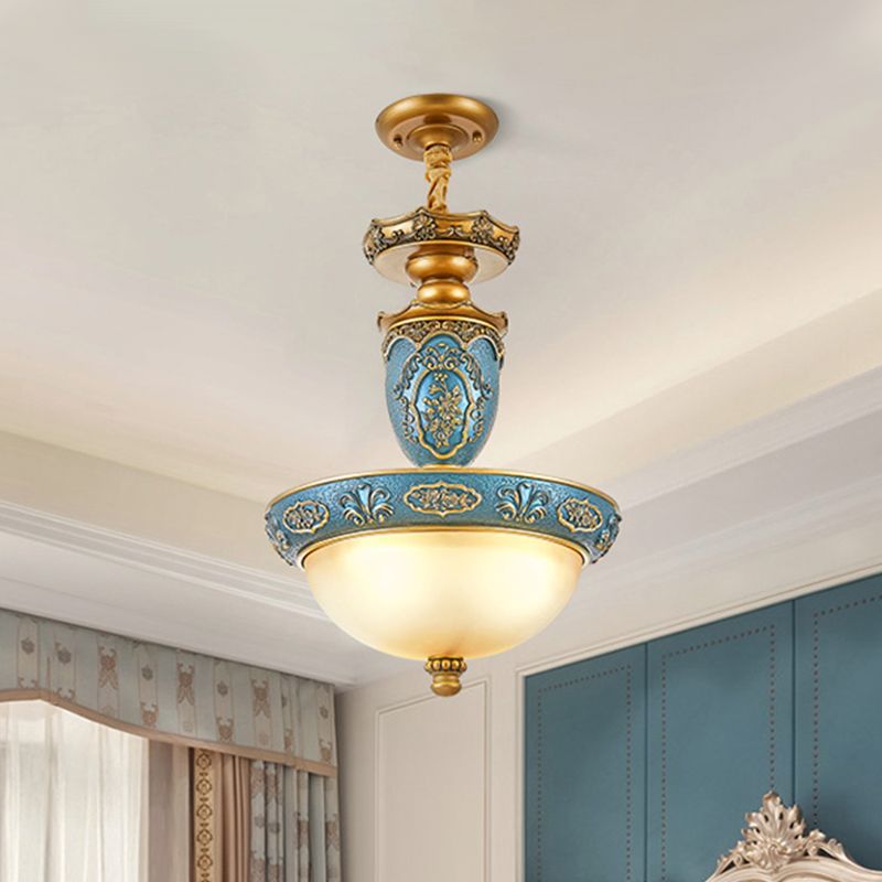 Frosted Glass Domed Pendant Light Farmhouse 3 Bulbs Dining Room Ceiling Lamp with Carving Blossom in Blue, 14.5"/19" Wide