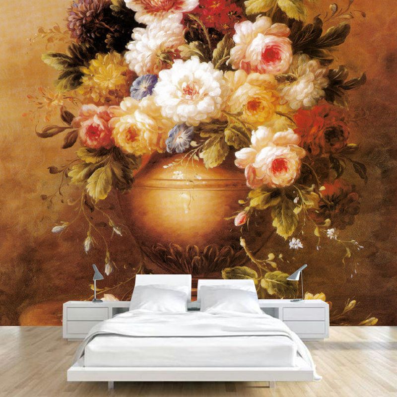 Retro Vase Blossoms Wall Decor for Fireplace, Customized Size Mural Wallpaper in Brown