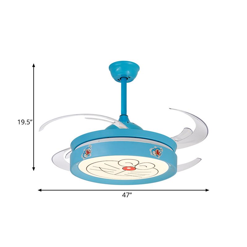 Acrylic Drum Semi Flushmount Nordic Kids 47" W LED Blue Hanging Ceiling Fan Light with Cartoon Cat Pattern for Bedroom, 4 Clear Blades