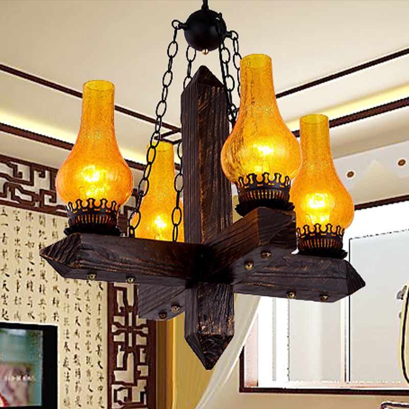 Amber Crackle Glass Vase Chandelier Lighting Farmhouse 5 Lights Dining Room Pendant with Metal Frame