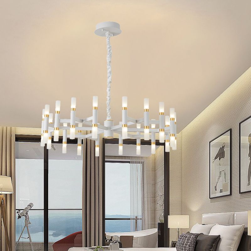 24/36/60 Lights LED Bedroom Chandelier with Tubular Iron Shade Modern Black/White Ceiling Pendant