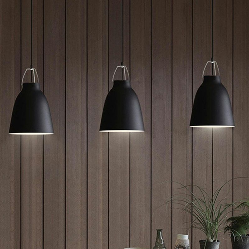 1-Bulb Restaurant Ceiling Hang Light Macaron Black/Pink/Blue Pendant Light with Bell Aluminum Shade