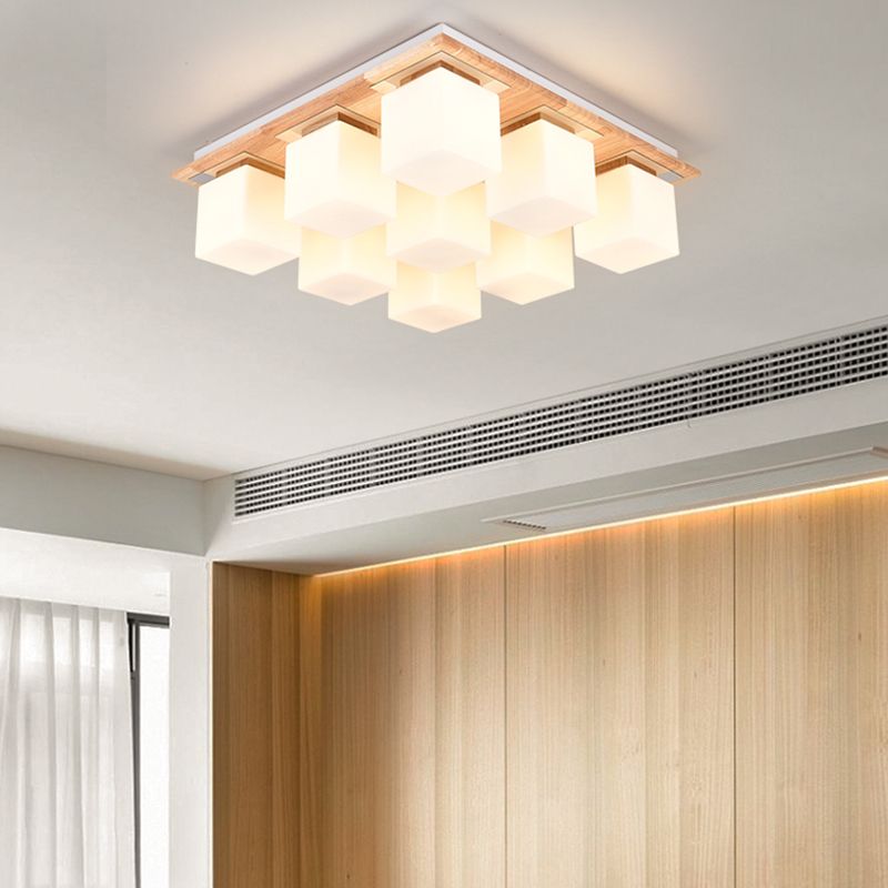 Modern Wood Flush Mount Square Shape Ceiling Light with Glass Shade for Living Room