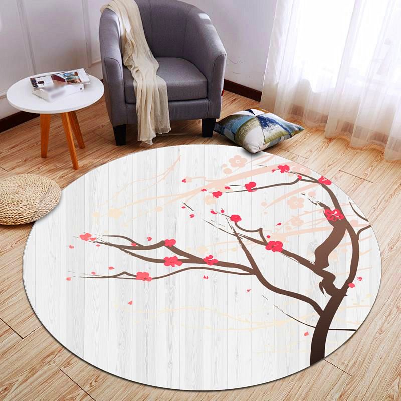 Round Solid Color Branch Print Rug Polyester Shabby Chic Anti-Slip Backing Indoor Rug for Living Room