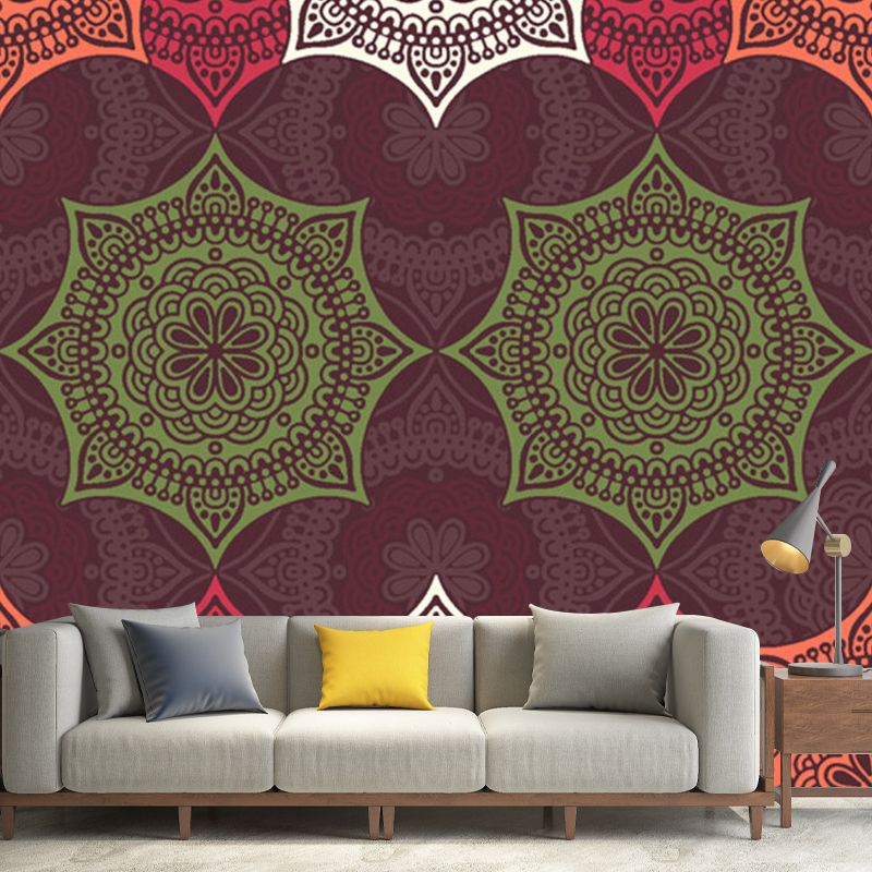 Boho-Chic Floral Pattern Murals Orange and Green Living Room Wall Decor, Made to Measure