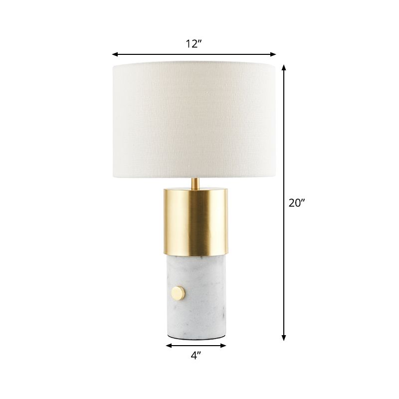 Nordic 1-Light Night Lamp White Column Marble Table Lighting with Drum Fabric Shade for Bedroom