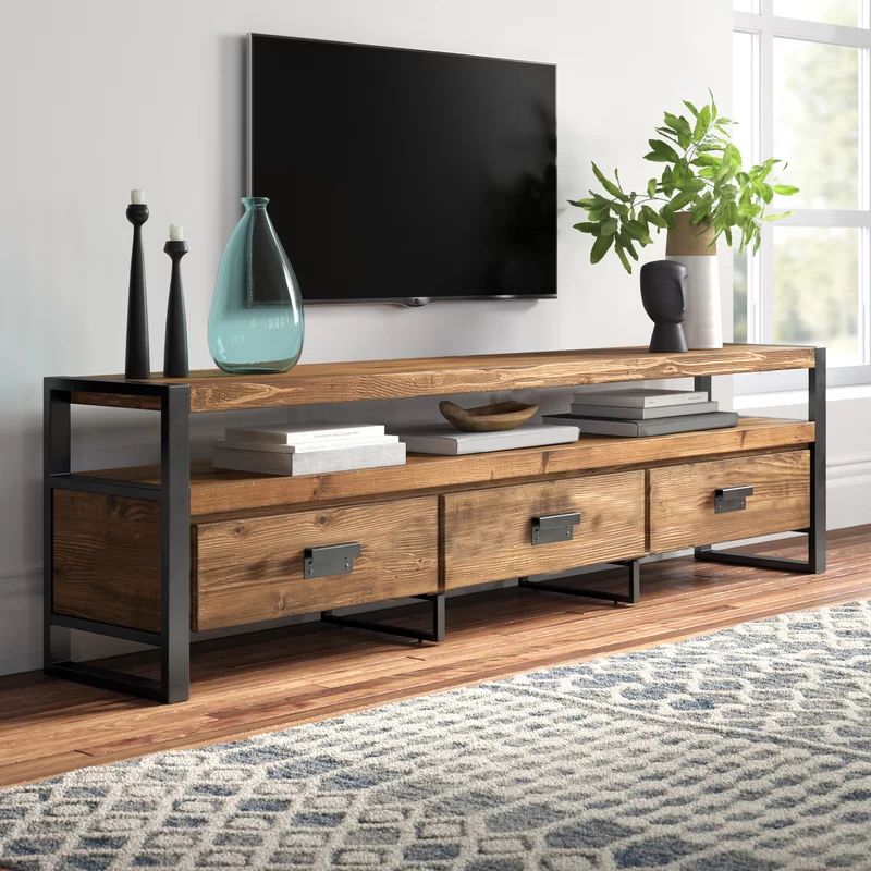 Brown Media Console with Shelves Industrial Pine Wood Top TV Media Stand