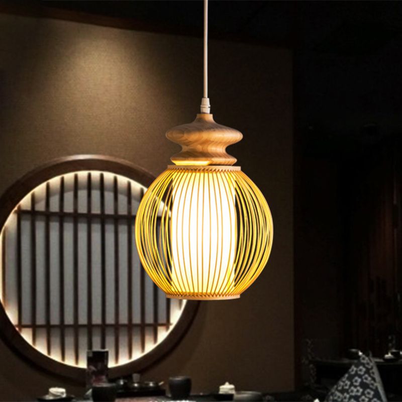 Bamboo Global Shade Hanging Lamp Asian Style 1 Light Ceiling Light Fixture with Wooden Cap in Beige, 9"/12" Dia