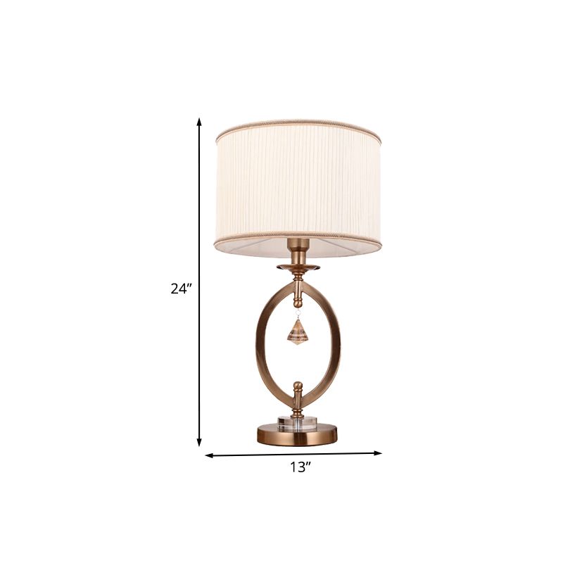 1 Light Bedroom Table Lighting Minimal White Finish Crystal Night Light with Drum Fabric Shade